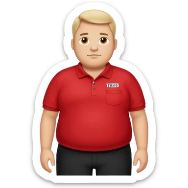 Fat guy in red polo with black pants wearing a name tag that says TRAVIS sticker