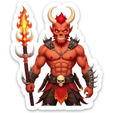 Dark fantasy sticker of a red half-demon warrior with horns, glowing tattoos, flaming swords, skull belt, and sharp tail. Evil grin, muscular build. Transparent background sticker