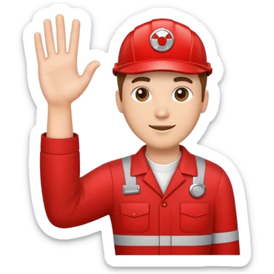 employee holding a car engine part in one arm, waving right hand, wearing a red mechanic uniform sticker