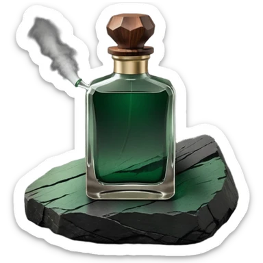 A masculine fragrance bottle featuring a gradient of deep forest green to charred black glass. The cap is made of dark walnut wood. The bottle is placed on a jagged piece of slate rock with a faint mist in the background. Earthy, moody, textured, photorealistic. sticker