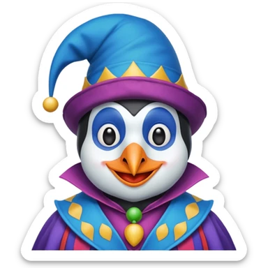 crazy colorful cute penguin jolly joker, medieval, vintage, court jester, mac os icon, blue color sticker