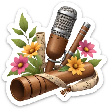 Create a traditional and warm emoji representing folk singing, using a humanless collage. The design should feature a rustic wooden microphone or an old-fashioned folk instrument like a balalaika, gusli, or a domra, placed alongside traditional elements such as a hand-woven scarf or a wooden flute. Include natural, earthy details like wildflowers, musical notes, and rustic textures, evoking the feeling of folk music in its purest form. Use warm, earthy colors like brown, gold, red, and green to create a cozy and organic vibe. The background should be transparent. sticker