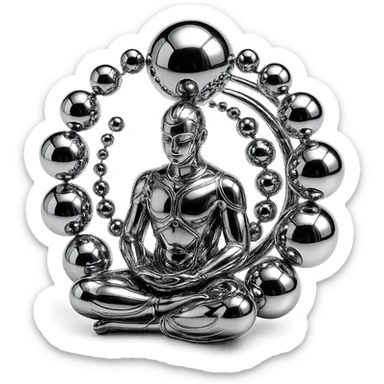 abstract chrome composition with a meditating figure and radiant spheres of varying sizes forming a spiral, polished and harmonious sticker