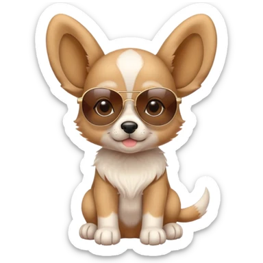 Cute puppy with oversized ears wearing sunglasses and a tiny hat sticker