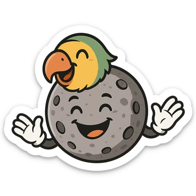 The Moon satellite with a small parrot head, with arms wearing gloves, smiling sticker