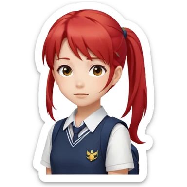 Anime girl, red hair, cute face, few details, side ponytail, school uniform, minimalistic style sticker