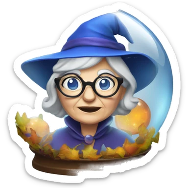 smart granny witch with glasses and blue hat in crystal ball sticker