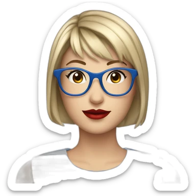 caucasian woman with square black glasses, straight bangs, red lipstick, blue and white striped t shirt sticker