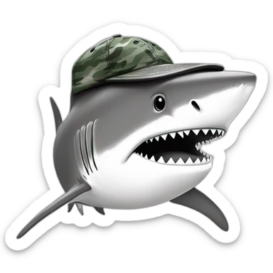 a shark in a ((camouflage cap)),black and white,cartoon,sketched,sketch sticker