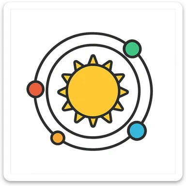 solar system diagram as a lineal color icon, black outlines, planets and sun, arranged in a circular orbit, simple and recognizable sticker