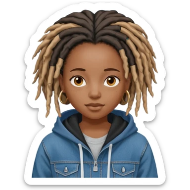 make a black girl with locs wearing a denim hoodie with black sleeves sticker