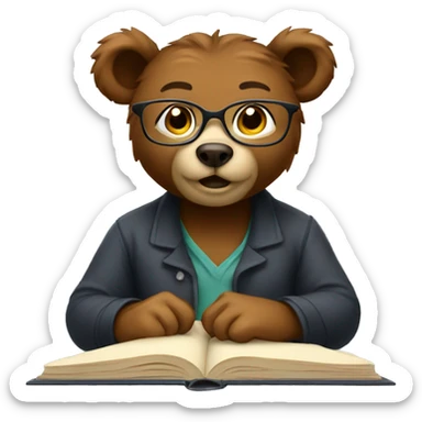 female bear with glasses studying sticker