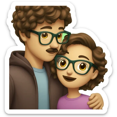 A boy with brown hair and a mustache is kissing a girl wearing glasses and her hair is green sticker