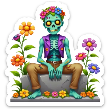 Cinematic ultra detailed 32k HD Psychedelic colored hippie style zombie with flowers sitting on a tombstone sticker