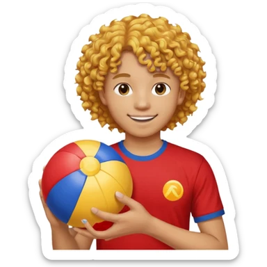 una persona de 18 años marron clarito con el pelo amrillo rizado con una camiseta roja y azul con un logo circular dorado y levantando un balon de playa sticker