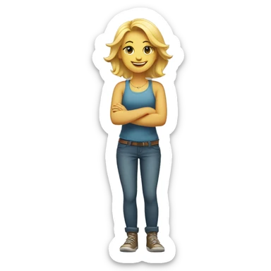 blong girl standing with arms crossed with a big smile sticker