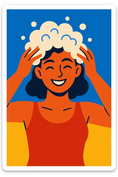 woman with shampoo foam in hair, clean and cheerful, upper body, modern illustration, vibrant colors sticker