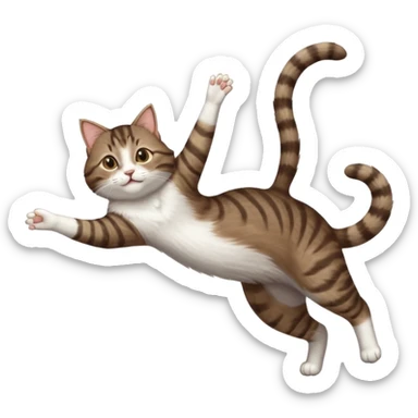 dark brown tabby and white cat with doing a big extremely long stretch reaching up into the air with arms and legs side by side together straight and overextended whilst lying on its side sticker