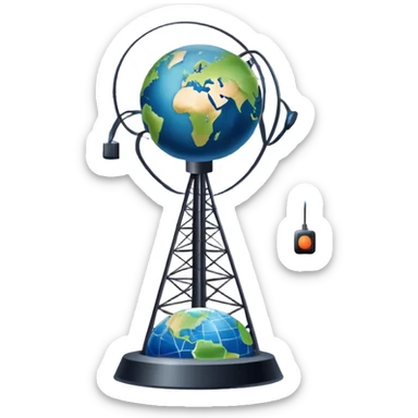 An icon featuring a satellite dish, cell tower with signal waves, and an earth, connected by lines, symbolizing telecommunications. The design includes data signals, network nodes, and a mobile device, representing global digital communication. Transparent background sticker