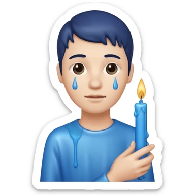 A blue candle held by a hand at 45 degree angle, wax dripping down sticker