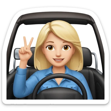 blonde woman driving car. one hand up Happy face confidence sticker