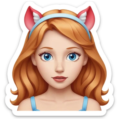 Strawberry blonde woman with blue eyes wearing Disney ears on head sticker