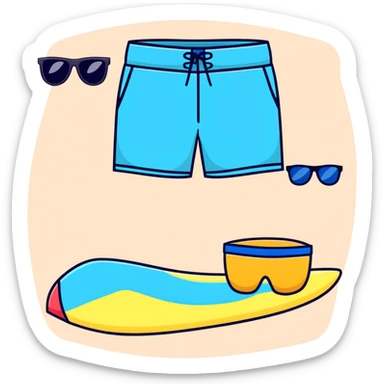 swimming board shorts and separate sunglasses on beach towel in same composition sticker