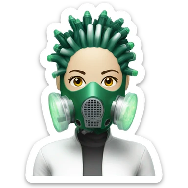Dark green Mohawk female cyborg head with white respirator mask and circuits sticker