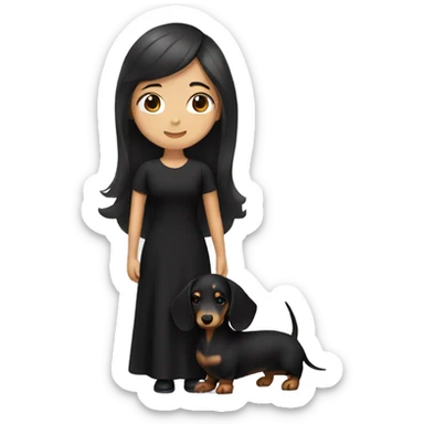 an Asian girl with long hair, wear black dress, hugging a long haired dachshund sticker