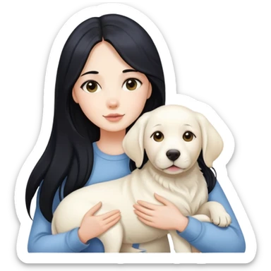 A beautiful girl with long black hair and fair skin is holding a white Labrador sticker