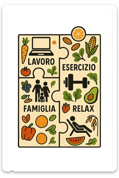 Puzzle (Lavoro, Esercizio, Famiglia, Relax), in lavoro metti icona di un PC, in Esercizio un Manubrio, in Famiglia una famiglia, in Relax qualcuno che riposa and healthy foods are integrated into each piece. in italiano sticker