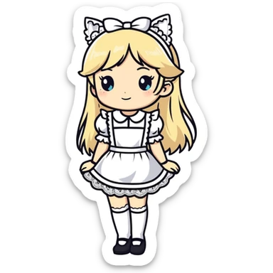 petite blonde catgirl woman long hair freckles shy lace white French maid barefoot sticker