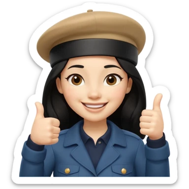 3D cartoon female character giving thumbs up, wearing beige beret, long black hair, smiling warmly with confident expression, clean white background, Pixar-style lighting, cute and friendly iPhone memoji aesthetic, high quality soft shading, centered composition sticker
