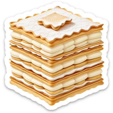 Cinematic delicate mille-feuille, thin crispy pastry layers filled with smooth vanilla cream, dusted with powdered sugar, elegant presentation, highly detailed and sophisticated. sticker
