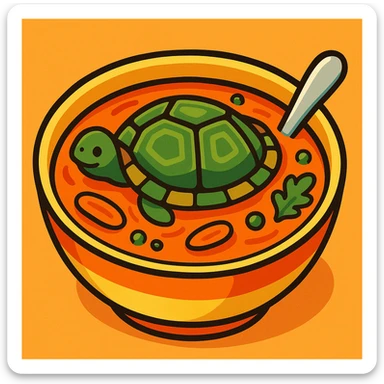 a bowl of turtle soup, stylized, appetizing, with a visible turtle shell in the soup, vibrant colors sticker