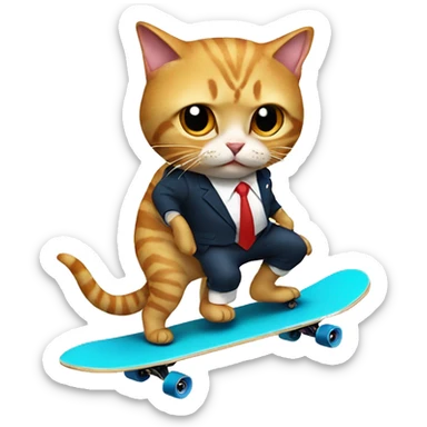 cat dressed like donald trump on a skateboard holding a shark sticker