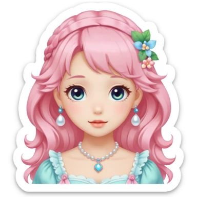 Gorgeous anime style lady with blushing face and accessories cottagecore fairycore Kawaii anime colorful pearly romantic aesthetic trending style sticker