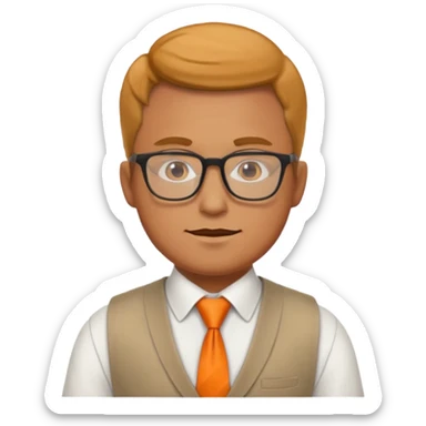 man in vest with orange tie, wearing glasses sticker