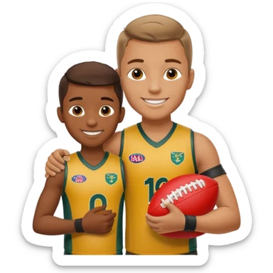 A sportsman has his arm around a young fan and they are holding a AFL sherrin, they are in australian colours, they are smiling, one is white and one is brown sticker