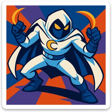 Moon Knight with crescent darts, action stance, vibrant toon style sticker
