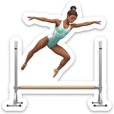 Professional gymnast performing a dynamic routine on parallel bars, captured mid-air in an elegant flip. The background features a well-lit gymnastics arena with a cheering audience. The athlete's posture and expression convey strength, control, and perfect coordination. sticker