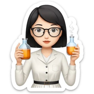 asian teacher with a white dress holding a flask with retangle glasses and black short hand  sticker