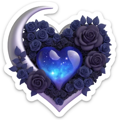 3D emoji gothic heart, midnight blue glass texture, silver crescent moon, tiny black roses, mysterious and rich style, swirling galaxy background sticker