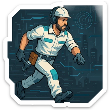 A 35-year-old male builder character with light skin in high-tech style with dark gray headers, cold blue links, warm white text, dark gray background, and teal accents. The character should be shown in a dynamic pose, suggesting movement and activity, with a background that includes high-tech elements and a futuristic cityscape. sticker