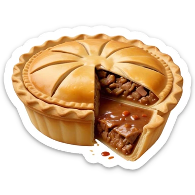 Cinematic Realistic Meat Pie Dish Emoji, showcasing a flaky pastry filled with rich, hearty meat gravy, rendered with lifelike detail and warm, inviting lighting. sticker