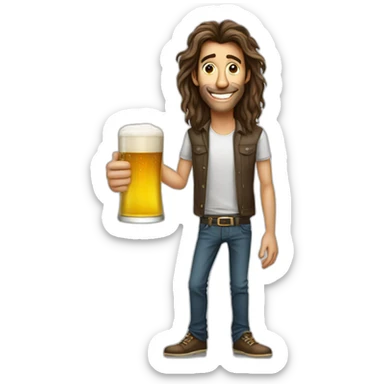 tall crazy very skinny guy with funny long hair with a glass of beer sticker