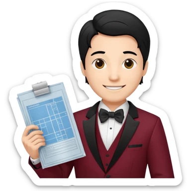 A architect with maroon tuxedo, and black hair sticker