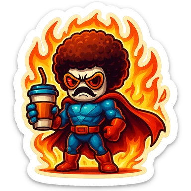 coffee creature, superhero, angry and on fire sticker
