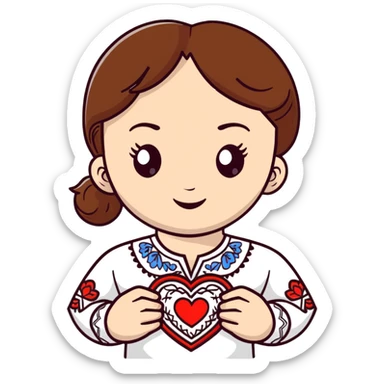 beautiful young girl with brown hair wearing a white Ukrainian embroidered shirt with a big heart design sticker