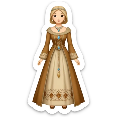 Full body of wealthy medieval townswomen in elegant dress with jewelry and fine embroidered clothing sticker
